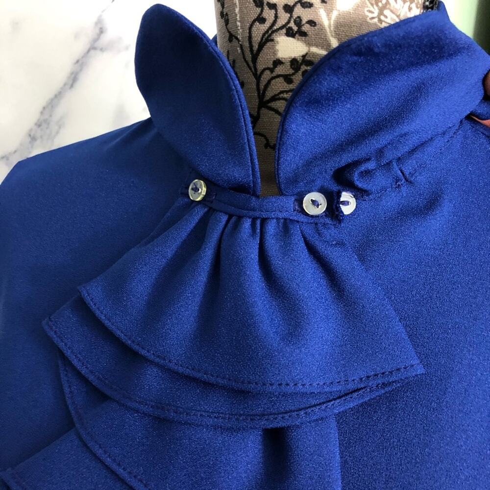 Vintage Dog Ear Collar Union Made Button Down Top Cascade Ruffle Midnight Blue - Picture 5 of 12